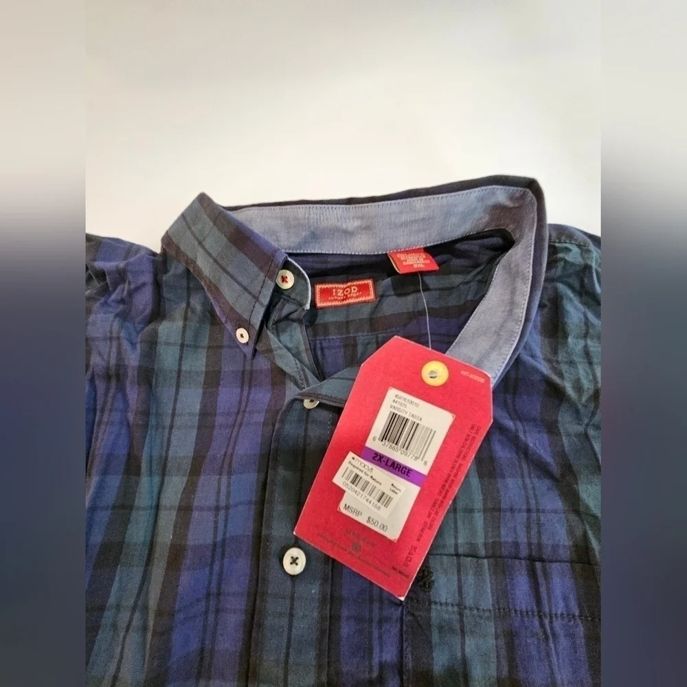 NEW IZOD Men 2XL Long Sleeve Shirt Green Blue Check Plaid Flip Cuffs Button Down